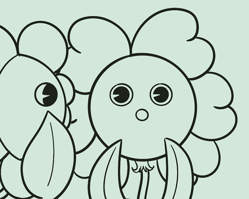 A cartoon flower is surprised as another flower whispers in its ear.