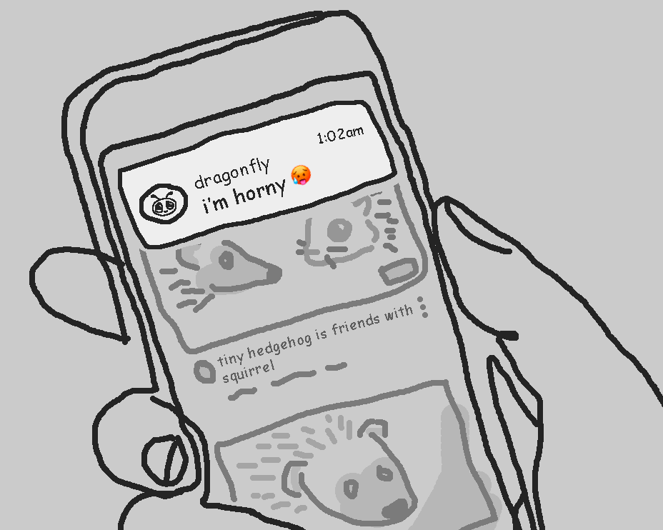 Cute youtube videos of hedgehogs on the screen with a notification on top from dragonfly saying I'm horny