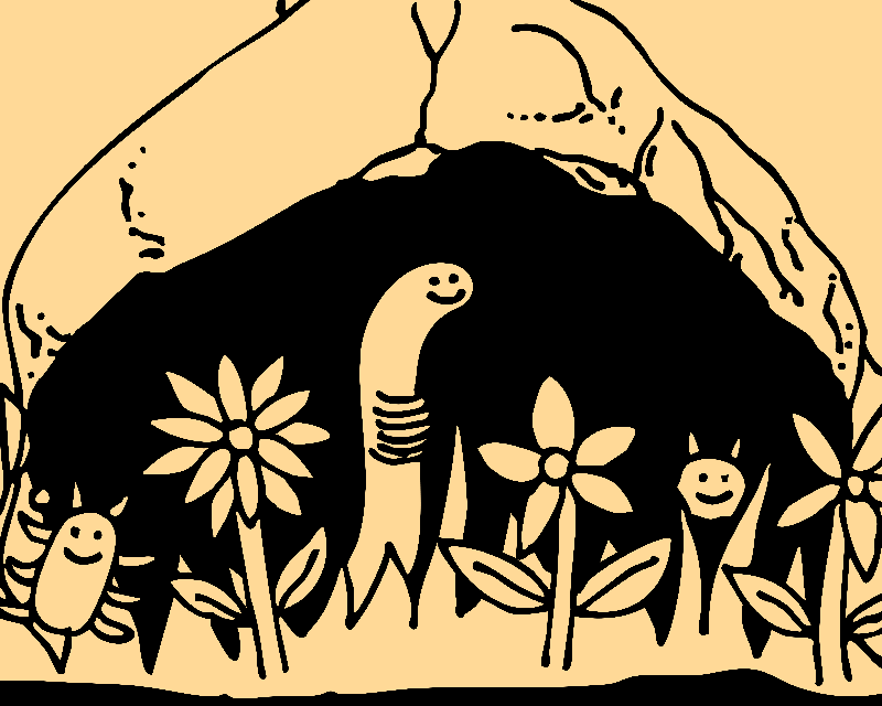 Three little bugs smiling under the cover of a large rock.